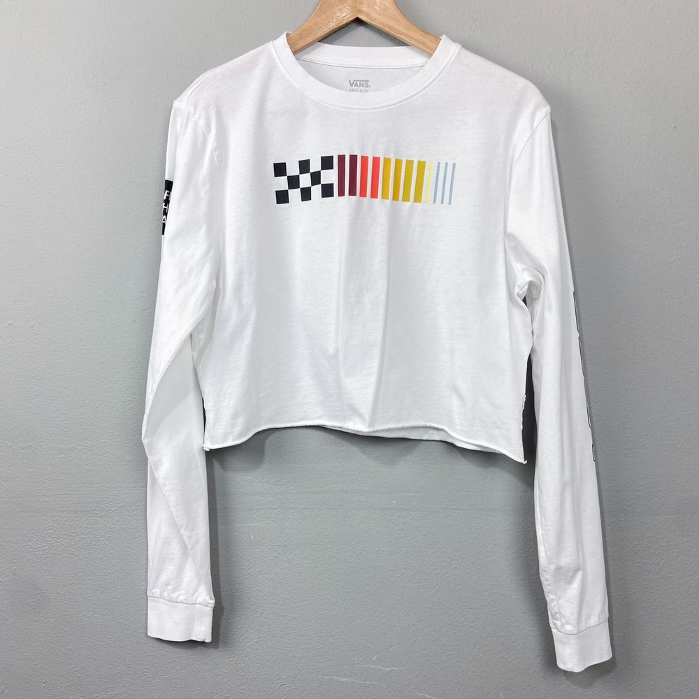 Vans Off The Wall Crop Top Size M Long Sleeve Racing Stripe Graphic T-Shirt Knit